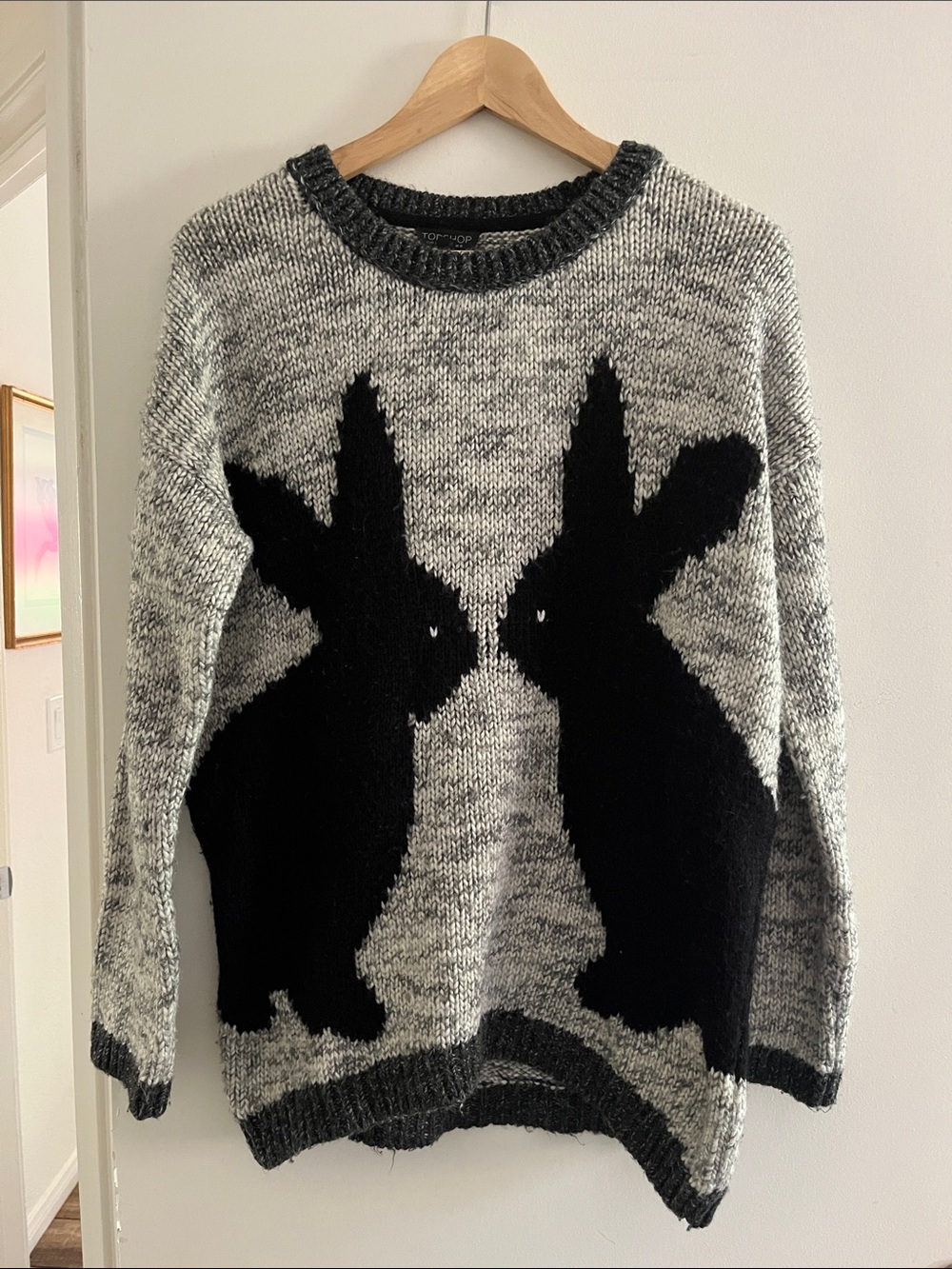 Topshop Gray & Black Rabbit Bunny Intarsia Crewneck Sweater